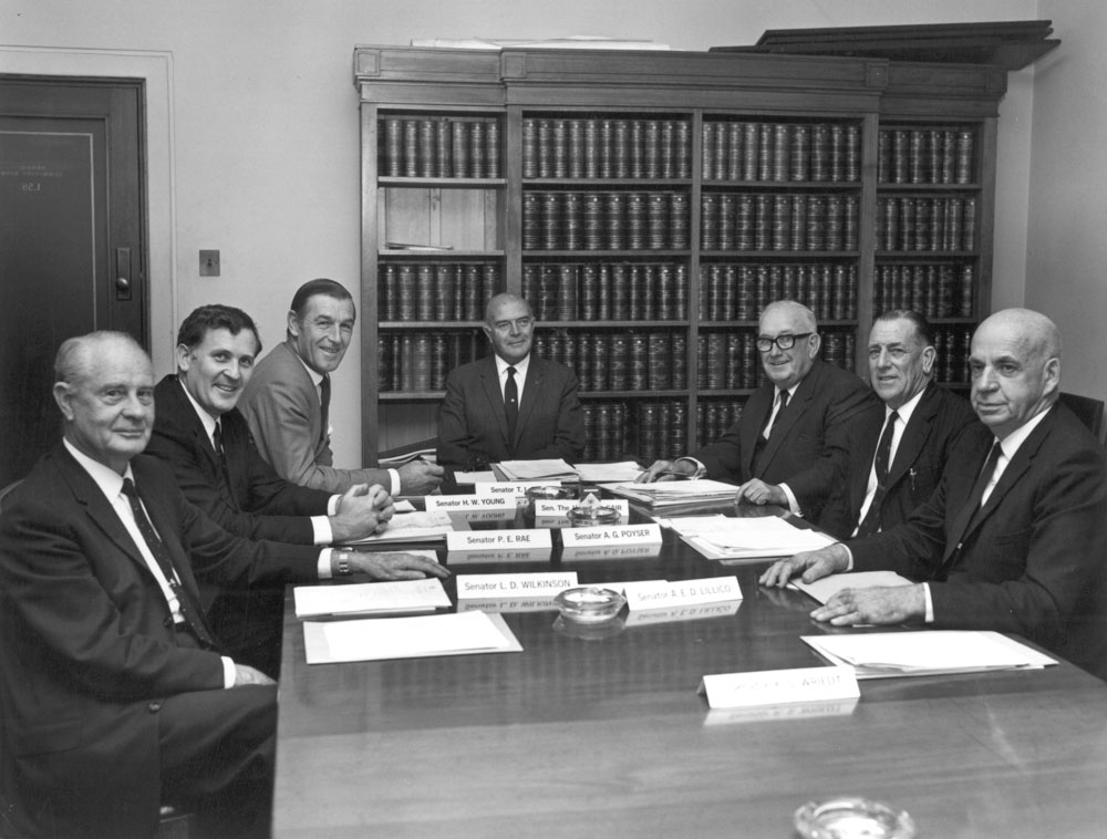 From left: Senators Laurie Wilkinson, Peter Rae, Harold Young, Thomas Bull [chair], Vince Gair, Arthur Poyser and Alexander Lillico.