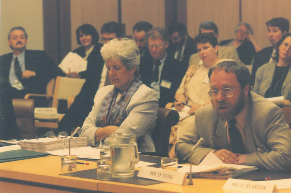 Minister for Family Services Senator the Hon Rosemary Crowley at an estimates hearing with David Tune [Assistant Secretary, Parenting and Child Care, Department of Social Security], 1995.