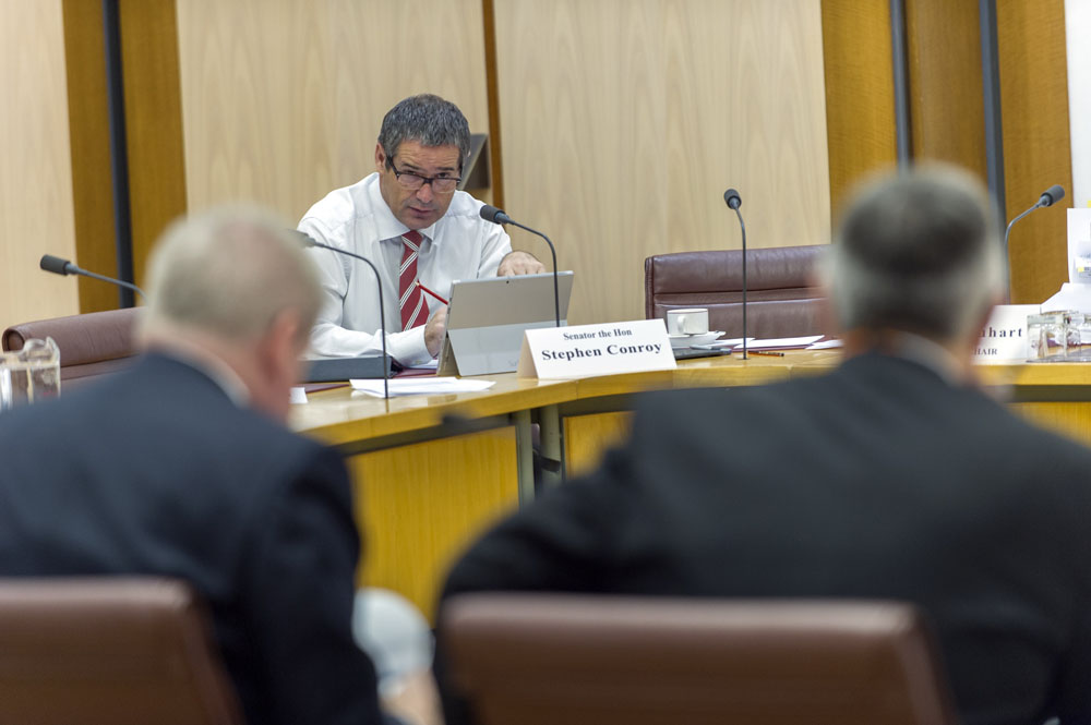 Committee member Senator Stephen Conroy questioning witnesses during a supplementary budget estimates hearing, 20 November 2014. DPS Auspic.