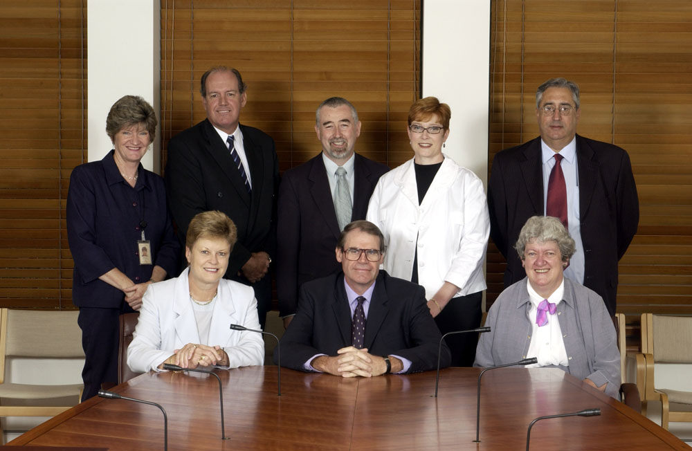 Members and staff of the Standing Committee of Privileges, 10 March 2005. Standing L-R: June Nelson [Executive Assistant], Senators David Johnston, Gary Humphries, Marise Payne and Robert Ray. Seated L-R: Senators Sue Knowles [Deputy Chair] and John Faulkner [Chair], and Anne Lynch [Secretary]. DPS Auspic.