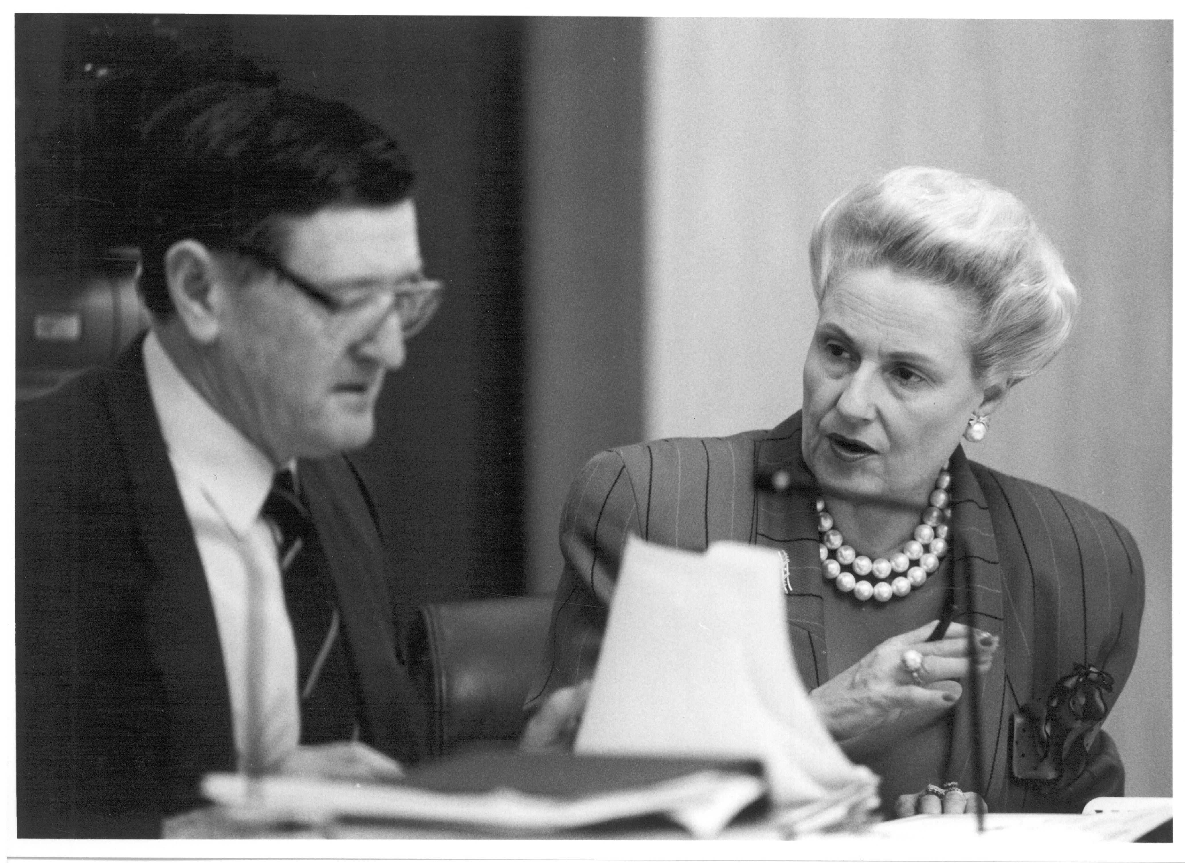 Estimates Committee A members Senators John Watson and Bronwyn Bishop examining estimates documents, supplementary budget estimates hearing, 11 October 1991.