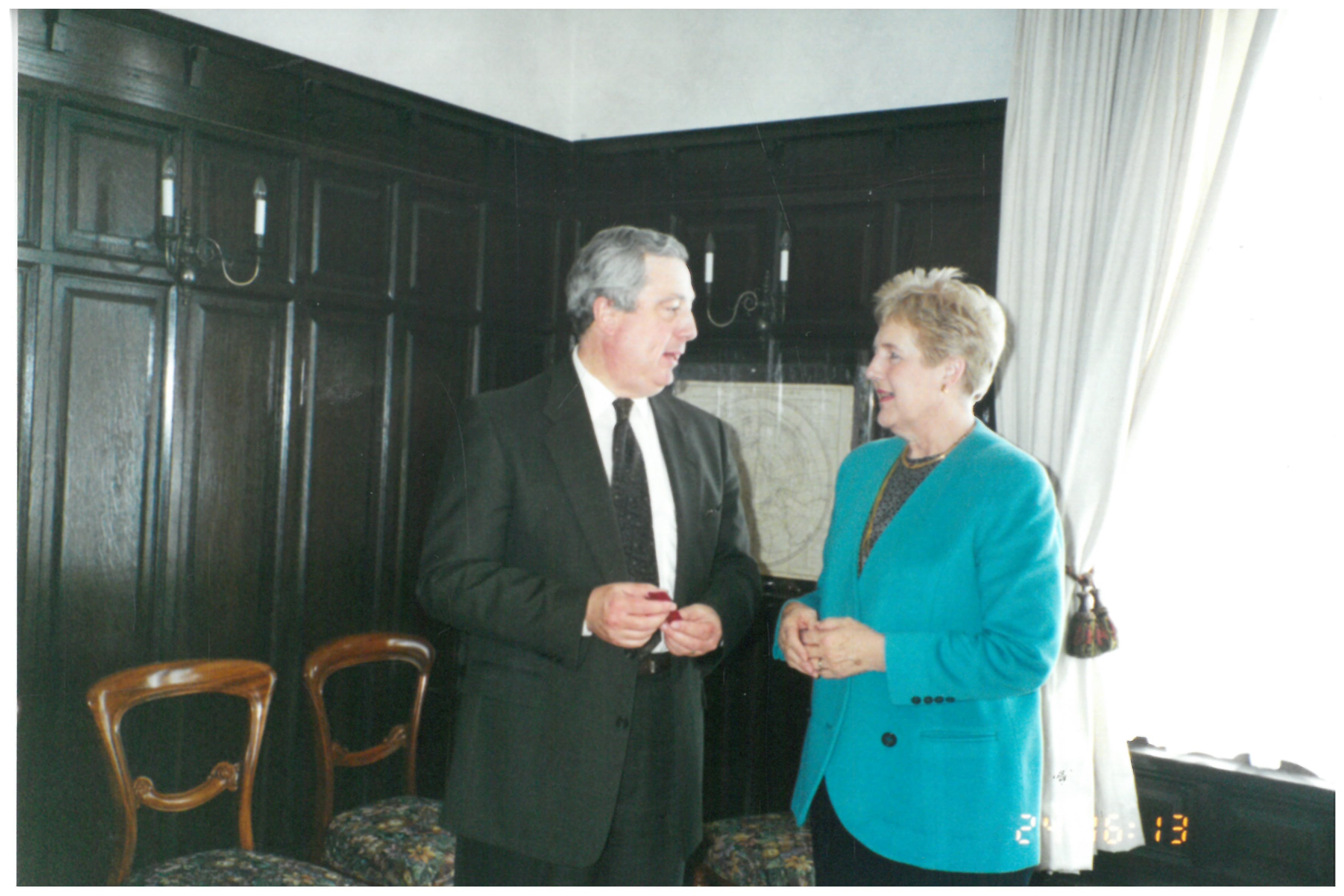 Committee chair and delegation leader Senator Rosemary Crowley speaking with Ian Wilson, National Archivist of Canada, at Australia House, Ottawa, 24 April 2001.
