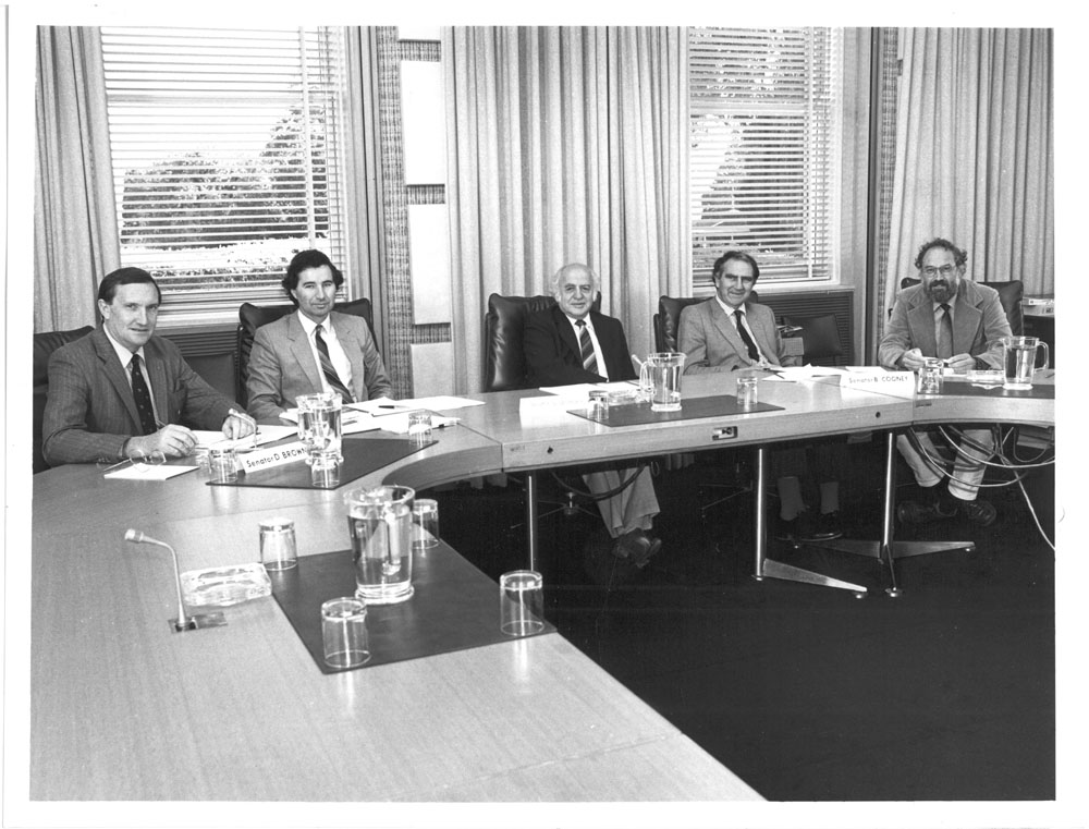 Select Committee on Animal Welfare, 14 May 1986. L-R: Senator David Brownhill, Paul Barsdell [Secretary], Senators George Georges, Barney Cooney and Norm Sanders.