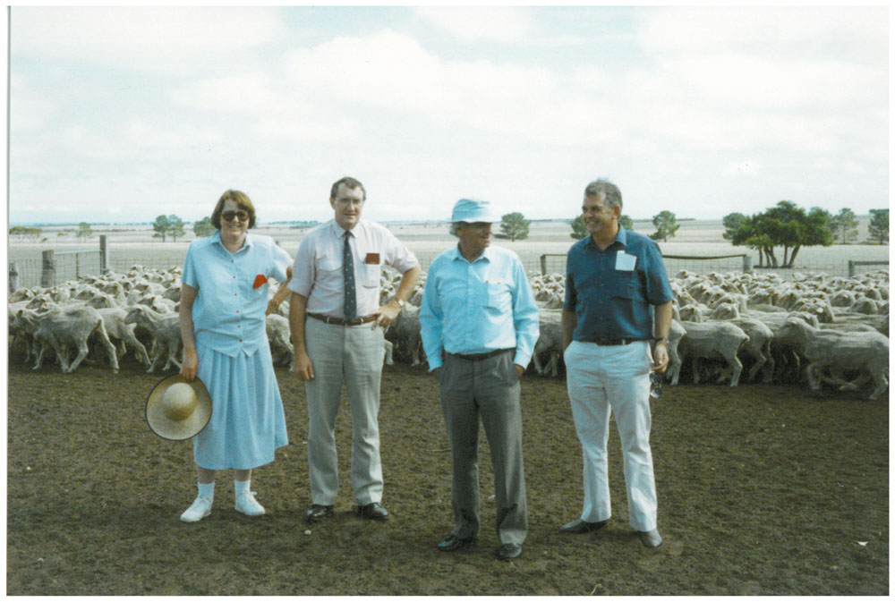 Members of the Standing Committee on Rural and Regional Affairs on a site visit inspecting properties in western NSW during its inquiry into drought management, January 1992. L-R: Senators Sue West, David Brownhill [Deputy Chair], Bryant Burns [Chair] and Paul Calvert.
