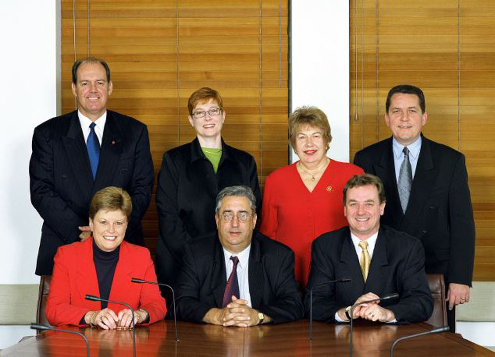 Standing Committee of Privileges, August 2002. Seated L-R: Senators Sue Knowles [Deputy Chair], Robert Ray [Chair] and Nick Sherry. Standing L-R: Senators David Johnston, Marise Payne, Margaret Reid and Chris Evans. DPS Auspic.