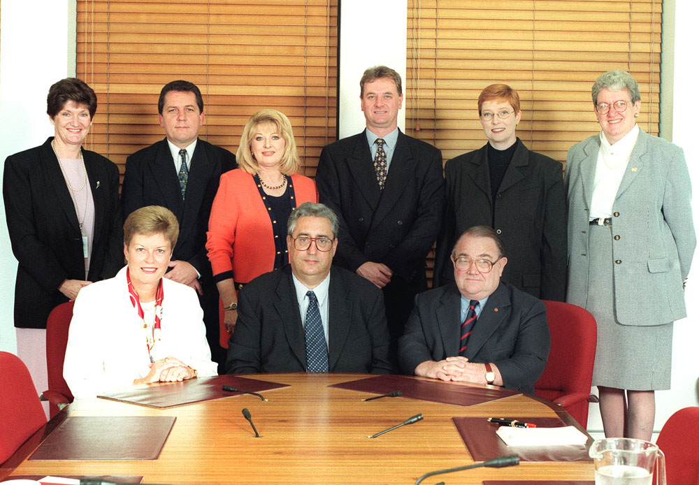 Members and staff of the Senate Standing Committee of Privileges, 29 April 1999. Standing L-R: June Nelson [Administrative Officer], Senators Chris Evans, Helen Coonan, Nick Sherry and Marise Payne, and Anne Lynch [Secretary]. Seated L-R: Senators Sue Knowles [Deputy Chair], Robert Ray [Chair] and Alan Eggleston. DPS Auspic.
