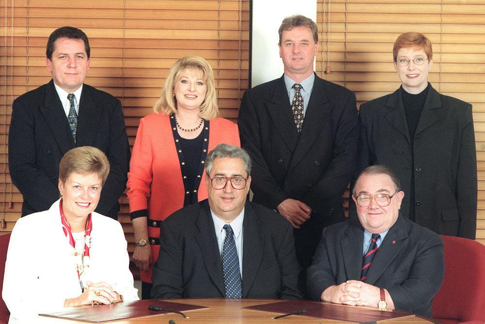 Standing Committee of Privileges, 29 April 1999. Standing L-R: Senators Chris Evans, Helen Coonan, Nick Sherry and Marise Payne. Seated L-R: Senators Sue Knowles [Deputy Chair], Robert Ray [Chair] and Alan Eggleston. DPS Auspic.